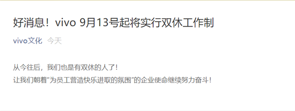 取消大小周！vivo官方宣布：9月13号起将实行双休工作制