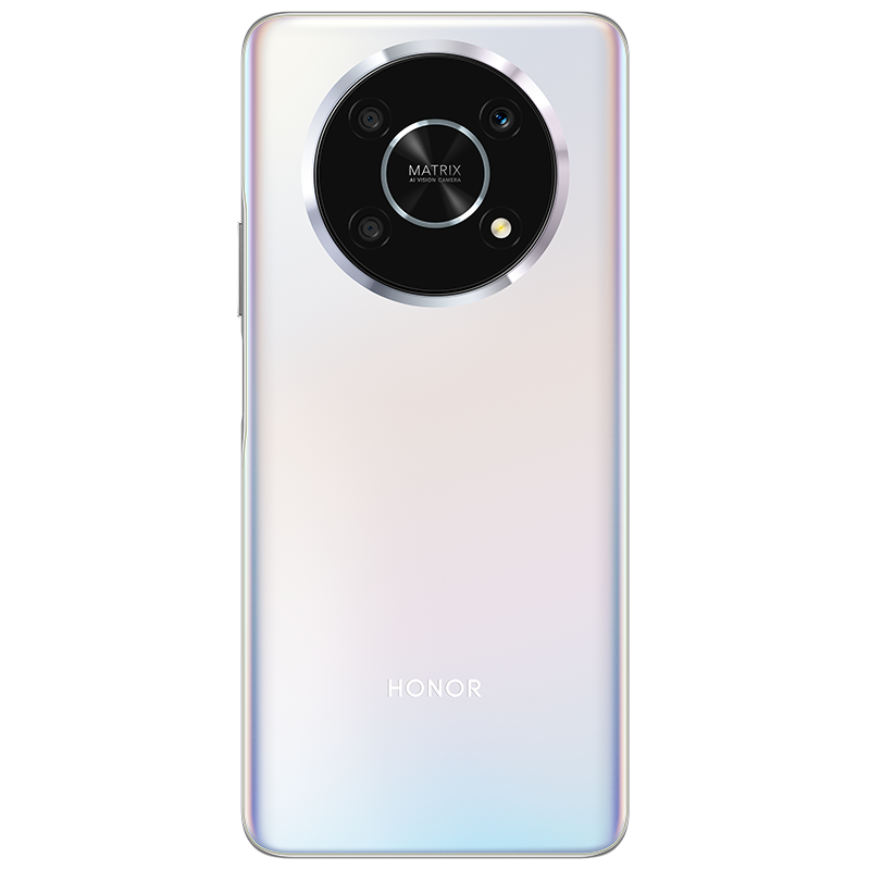 手机背面，后盖边缘圆润，有着淡粉色和淡蓝色渐变效果