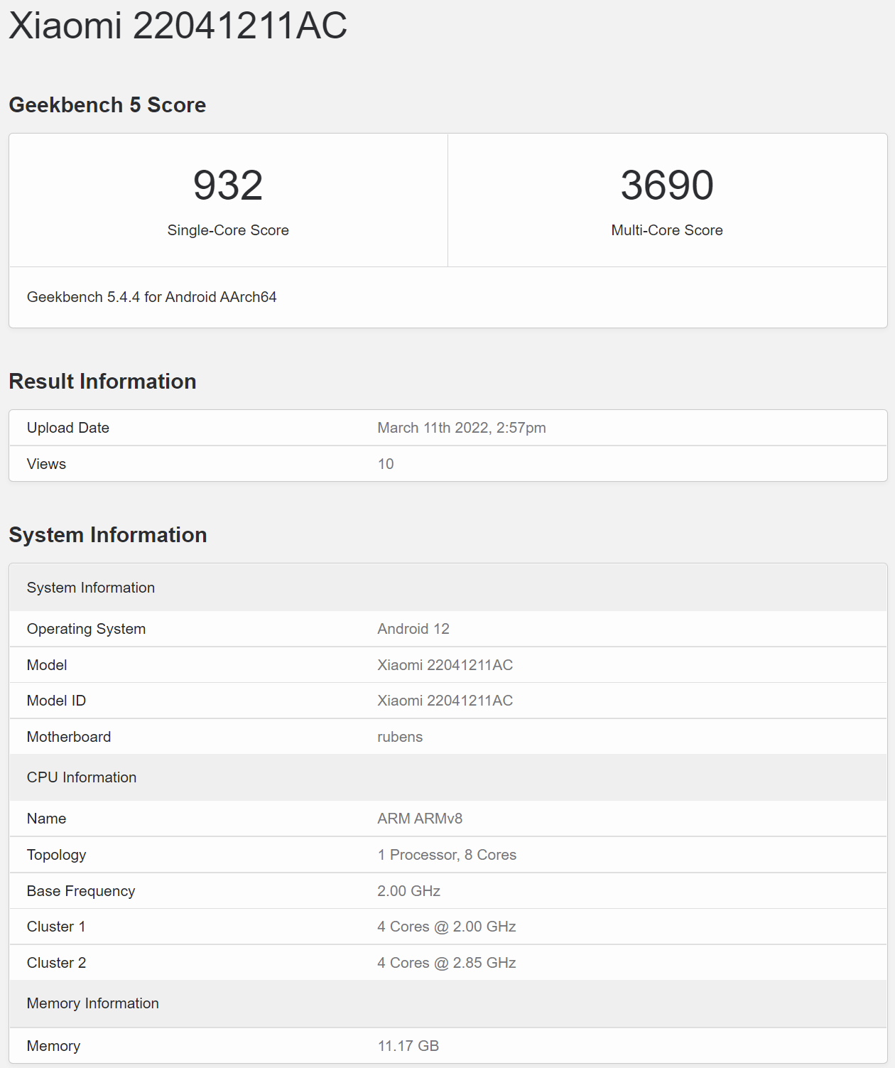 Xiaomi 22041211AC 机型跑分
