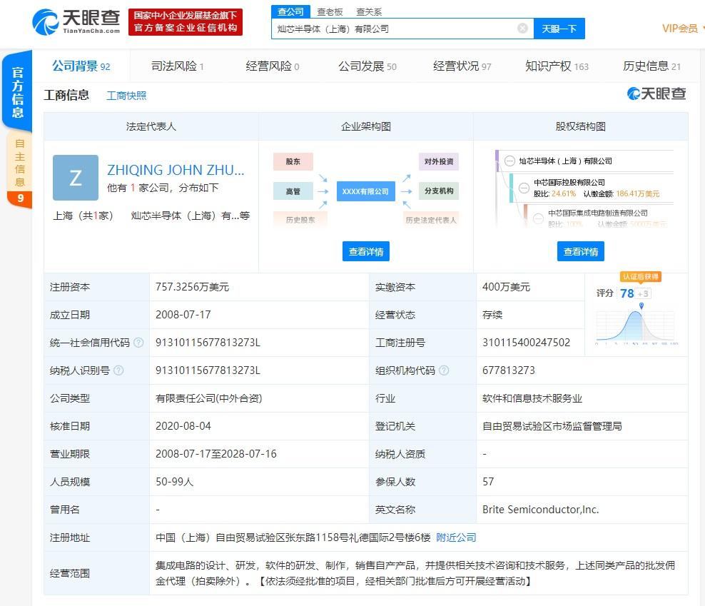 小米投资灿芯半导体，中芯国际为其第一大股东