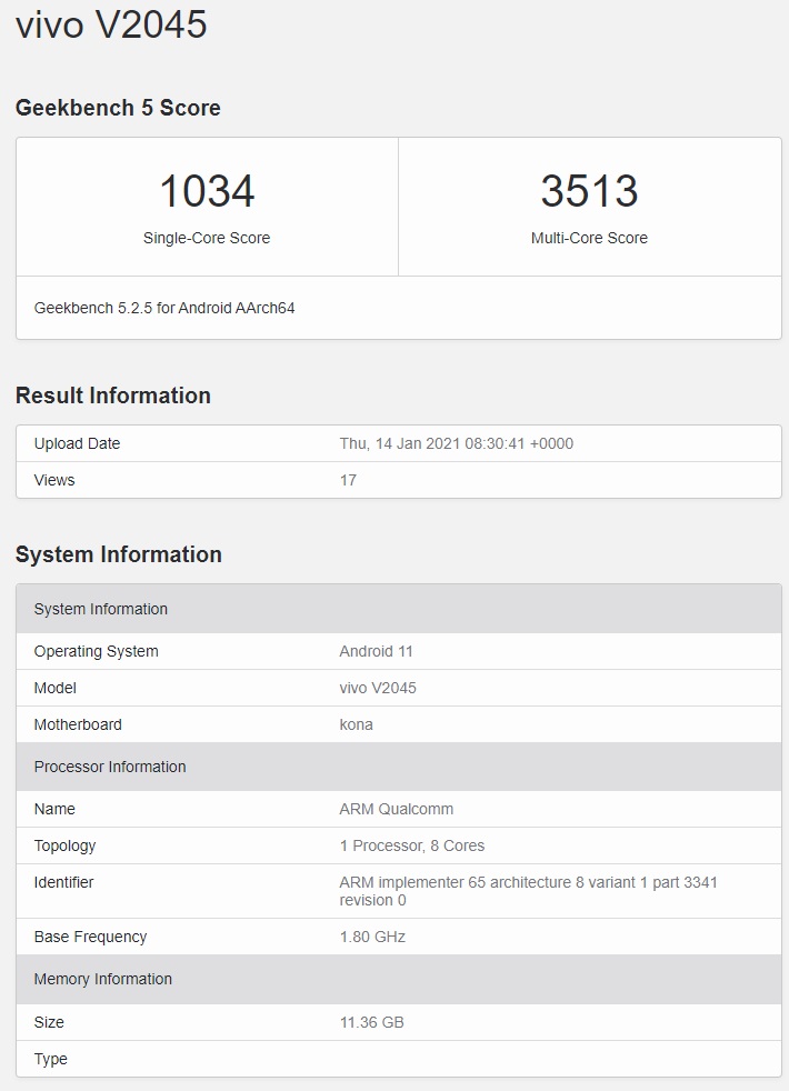 vivo 新机现身 Geekbench，强于骁龙 865，其芯片有望命名为骁龙 870