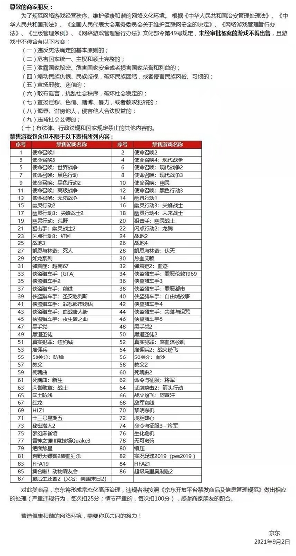 京东发布公告：禁售共87款游戏