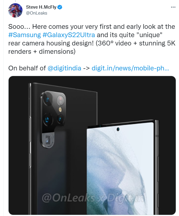 三星 Galaxy S22 Ultra 渲染图出炉：居中单孔微曲屏，机身设计偏硬朗
