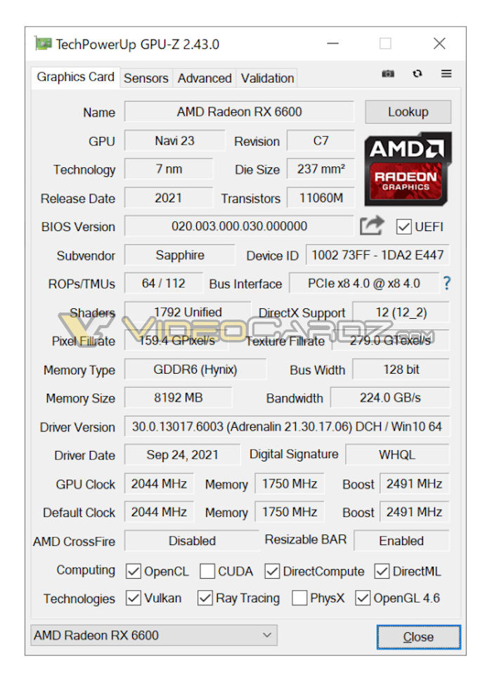 AMD Radeon RX 6600 规格泄露：8GB 14 Gbps 显存