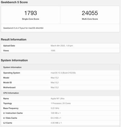 单核性能比Intel版Mac Pro强56%！苹果M1 Ultra芯片跑分成绩公开